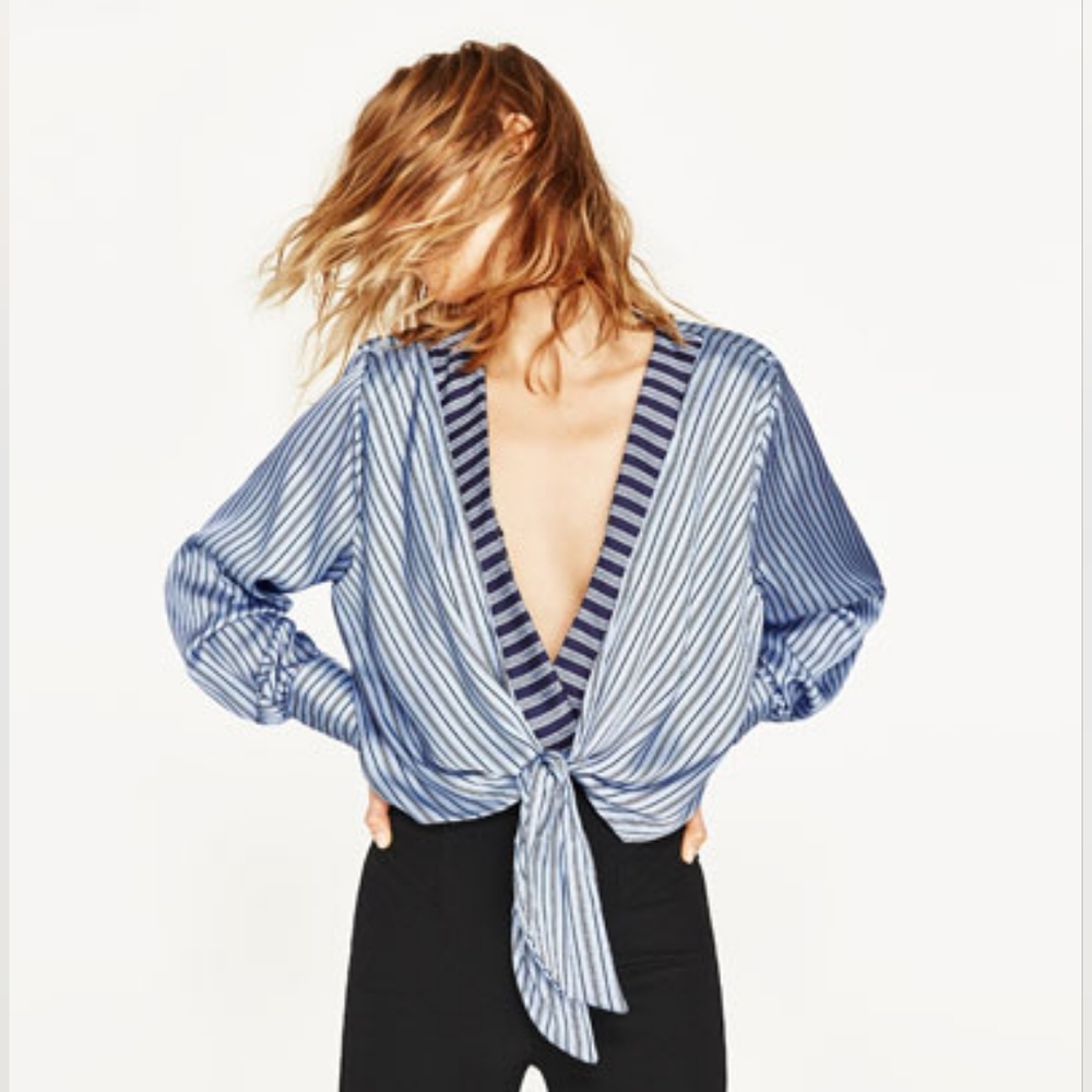 Zara Striped V-Neck Draped Navy Blouse Bodysuit Medium